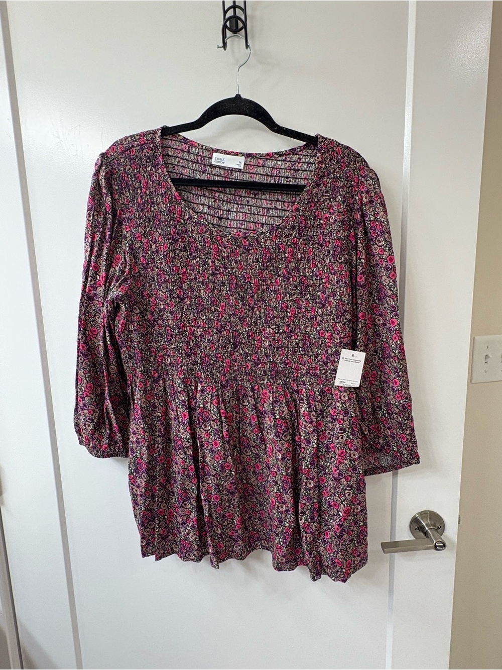 NWT Croft & Barrow Pink Floral Printed Smocked Blouse SZ 1X